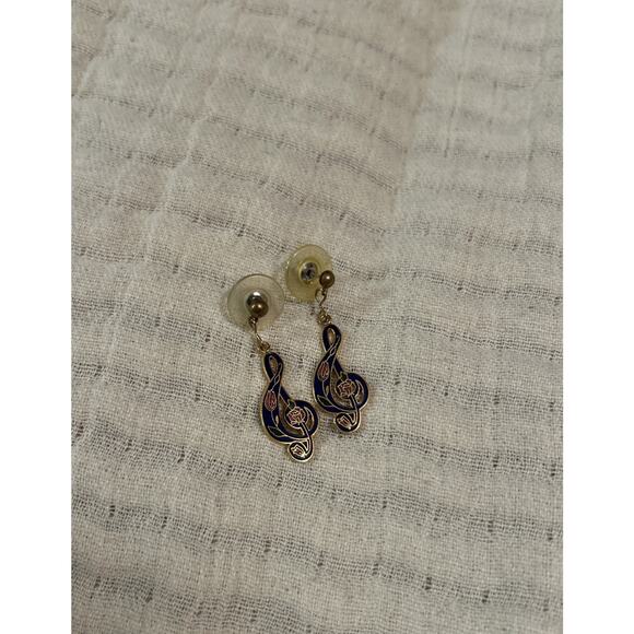 VTG Cloisonné Treble Clef Music Enamel Gold Tone Pierced Dangle Earrings Teacher - Picture 1 of 4